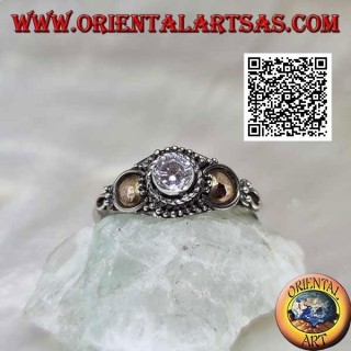 Bague ethnique en argent avec zircon rond et disques en or