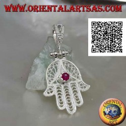 Hand of Fatima silver pendant with perforated ethnic decoration and set ruby-colored zircon