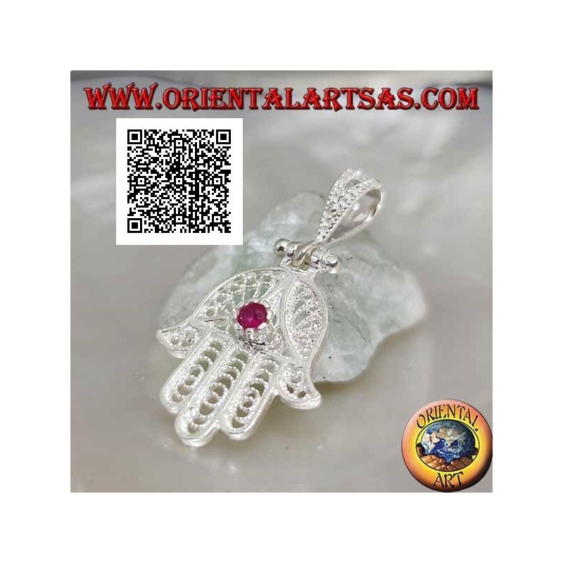Hand of Fatima silver pendant with perforated ethnic decoration and set ruby-colored zircon