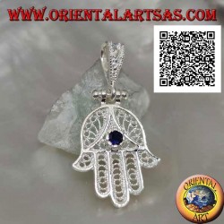 Pendentif Main de Fatima en argent à décor ethnique perforé et parure zirconium couleur saphir