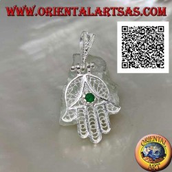 Hand of Fatima silver pendant with perforated ethnic decoration and emerald-colored zircon set