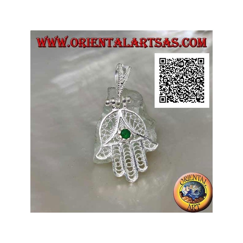 Hand of Fatima silver pendant with perforated ethnic decoration and emerald-colored zircon set