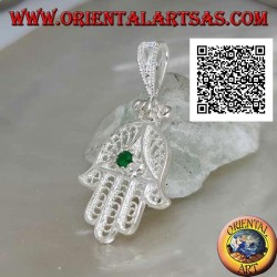 Hand of Fatima silver pendant with perforated ethnic decoration and emerald-colored zircon set