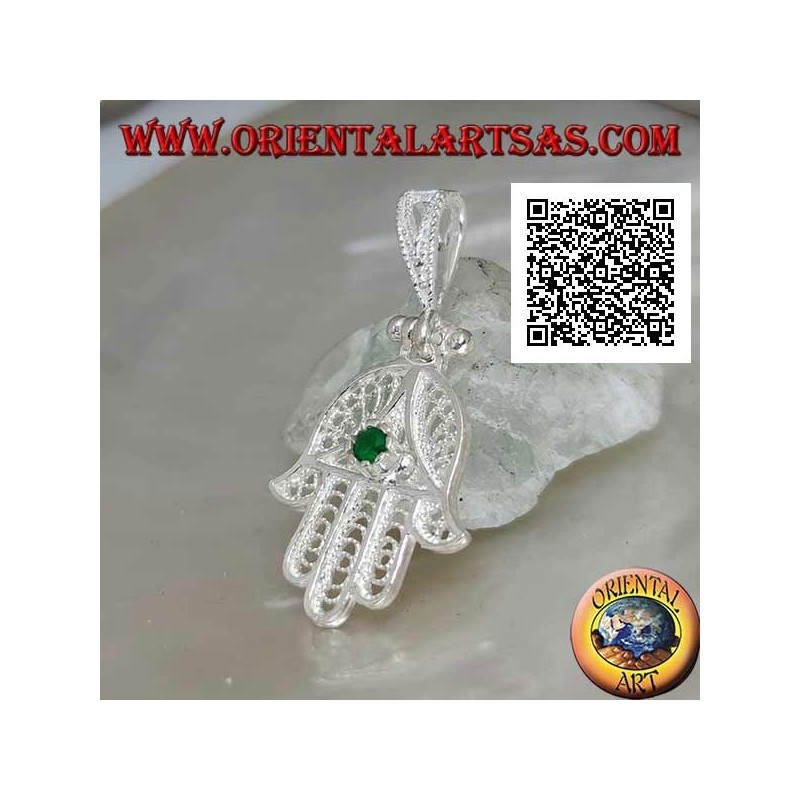 Hand of Fatima silver pendant with perforated ethnic decoration and emerald-colored zircon set
