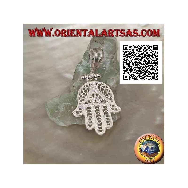 Pendentif Main de Fatima en argent à décor ethnique perforé et parure zirconium couleur émeraude