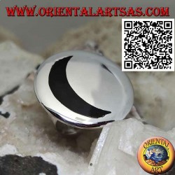 Silver ring with hollow onyx moon on a large smooth round plate