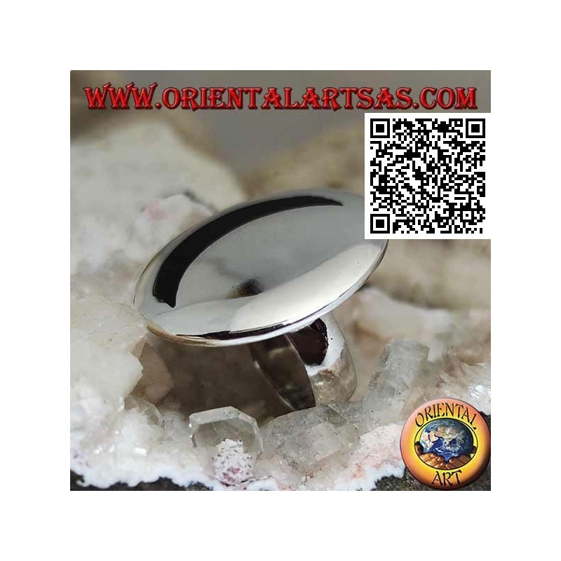 Silver ring with hollow onyx moon on a large smooth round plate