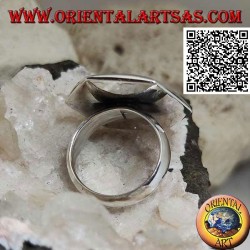 Silver ring with round mother-of-pearl set flush with the edge on a smooth hexagonal plate
