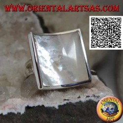 Concave square silver ring with mother-of-pearl set flush with the edge
