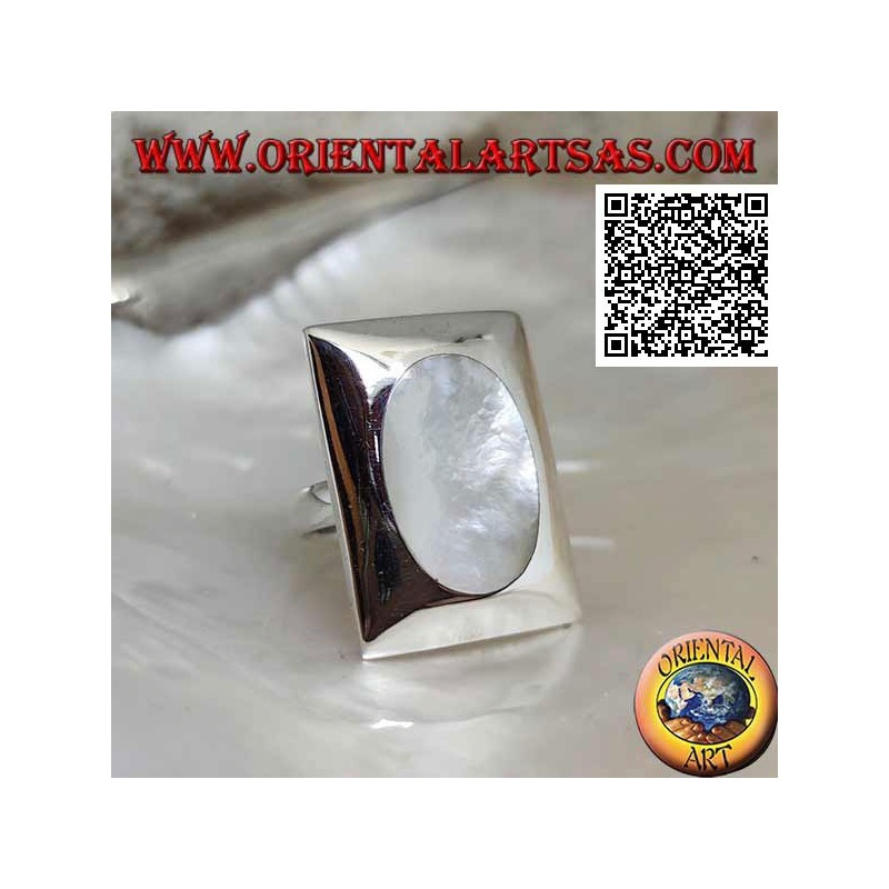 Silver ring with oval mother of pearl flush on a smooth rectangular plate