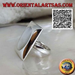 Silver ring with oval mother of pearl flush on a smooth rectangular plate