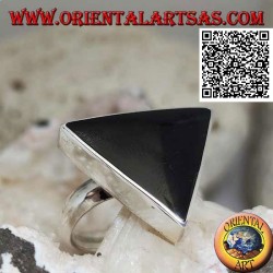 Silver ring with large triangular onyx set in smooth edge