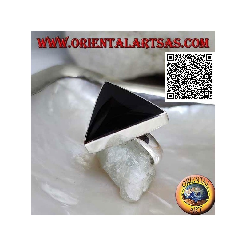 Silver ring with large triangular onyx set in smooth edge