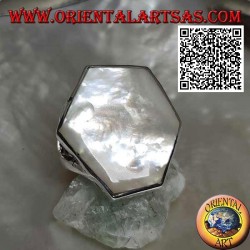 Silver ring with irregular hexagonal mother-of-pearl set on a smooth edge