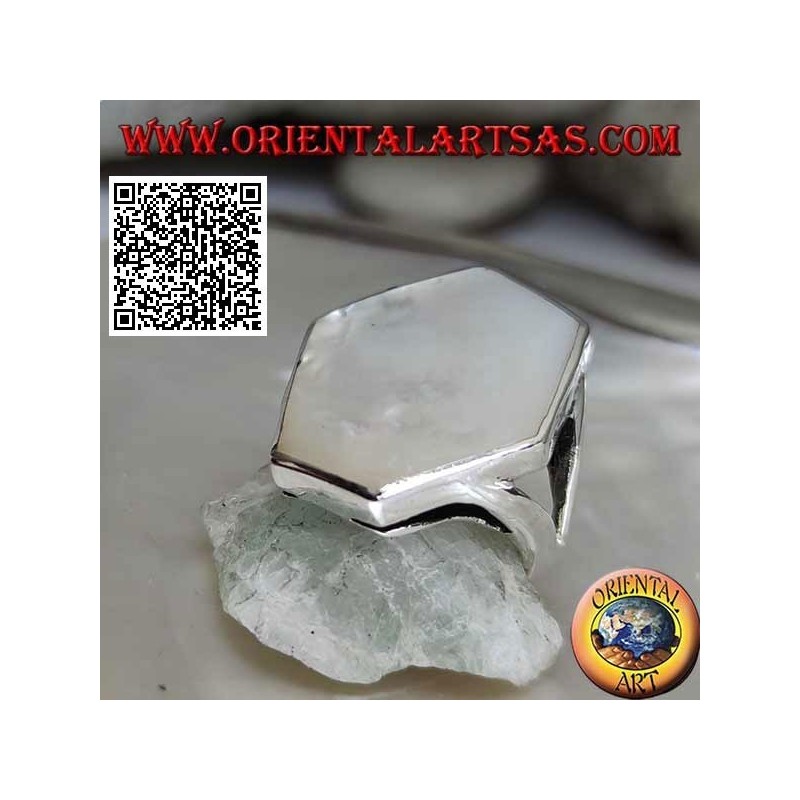 Silver ring with irregular hexagonal mother-of-pearl set on a smooth edge