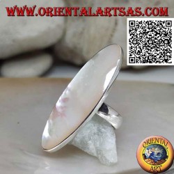 Silver ring with elongated oval mother-of-pearl set with smooth edge