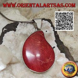 Silver pendant with red coral (coral) with curved drop on smooth setting