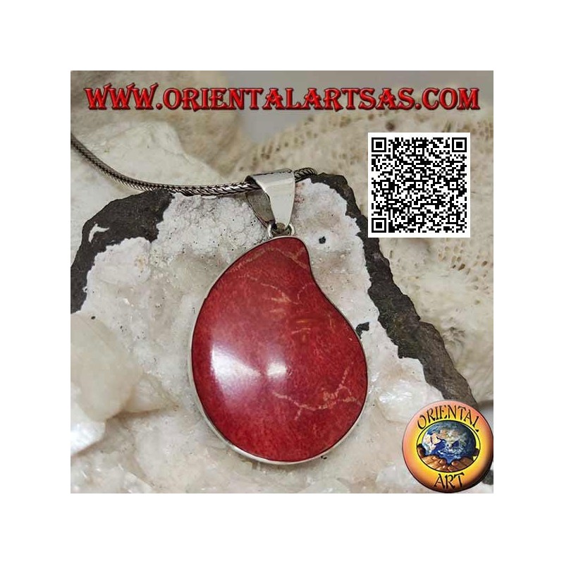 Silver pendant with red coral (coral) with curved drop on smooth setting