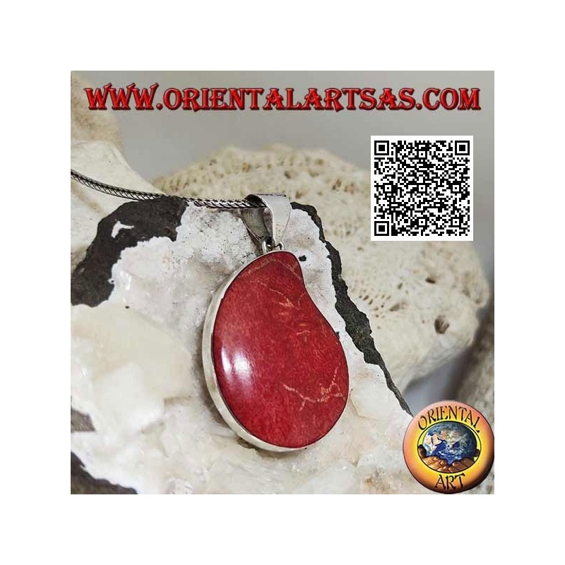 Pendentif en argent avec corail rouge (corail) avec goutte courbe sur monture lisse
