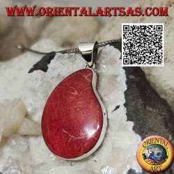 Colgante de plata con coral rojo (coral) con gota curva sobre engaste liso