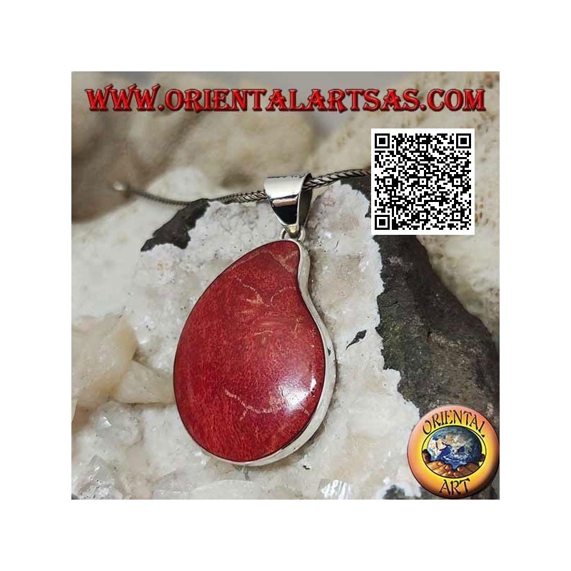 Pendentif en argent avec corail rouge (corail) avec goutte courbe sur monture lisse