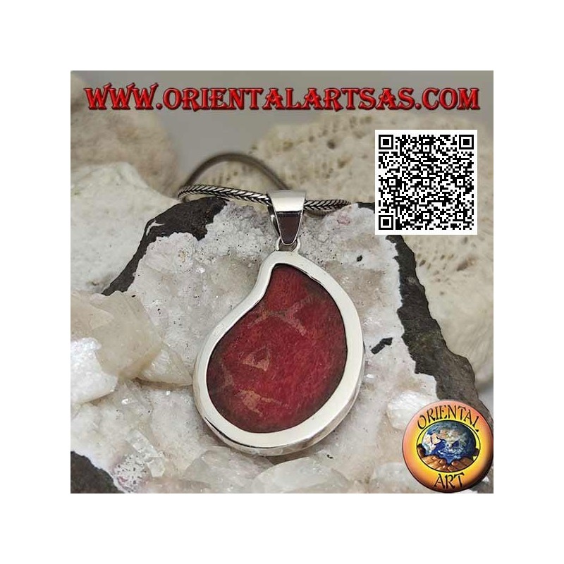 Silver pendant with red coral (coral) with curved drop on smooth setting