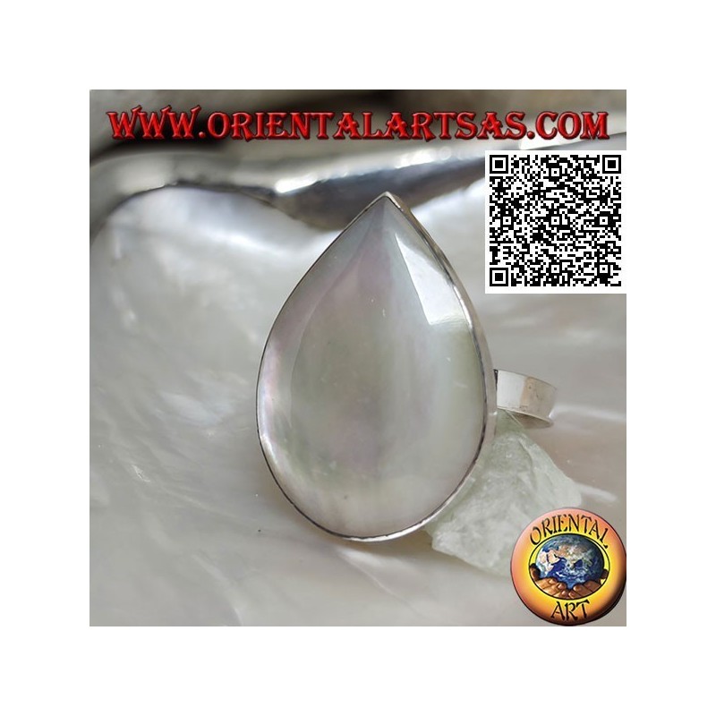 Anello in argento con madreperla a goccia incastonata a filo bordo liscio (regolabile)