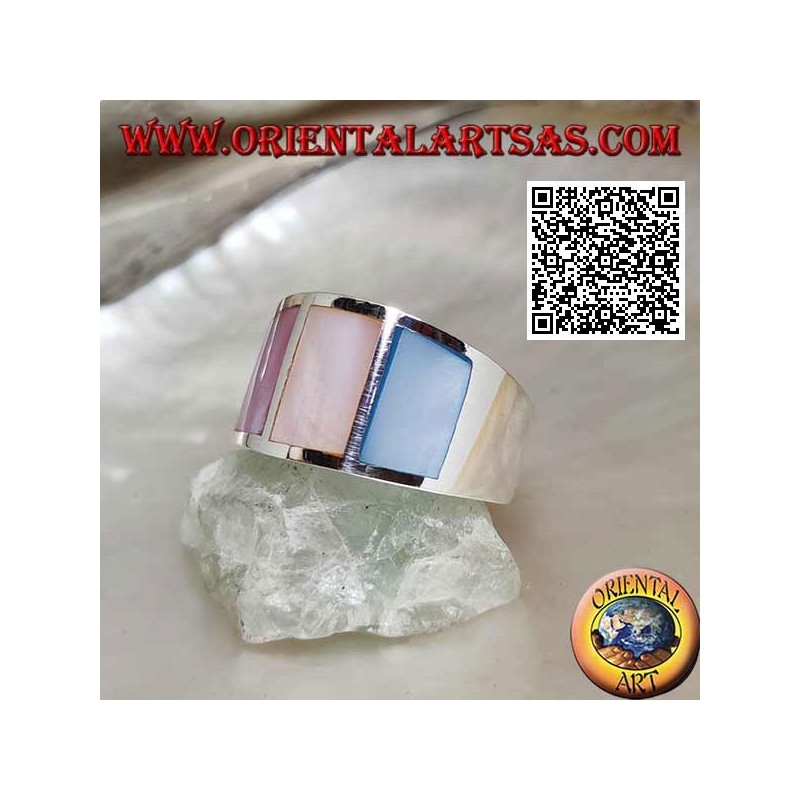 Silver ring with smooth band with three multicolour mother-of-pearl set flush (1)