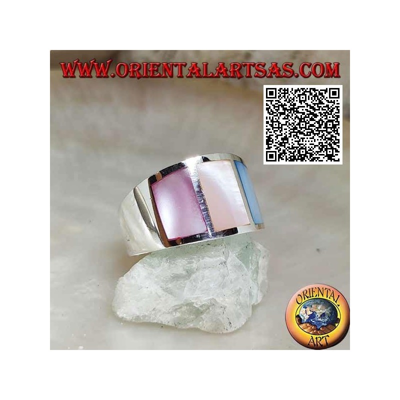 Anello in argento fascia liscia con tre madreperle multicolor incastonata a filo (1)
