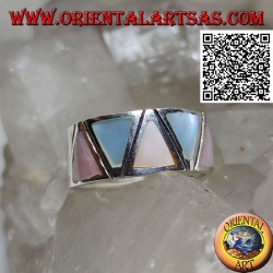 Silver ring smooth band with triangular multicolor mother-of-pearl set flush