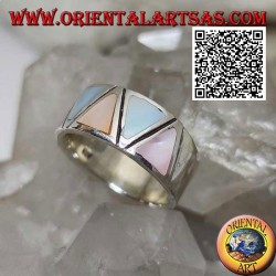 Silver ring smooth band with triangular multicolor mother-of-pearl set flush