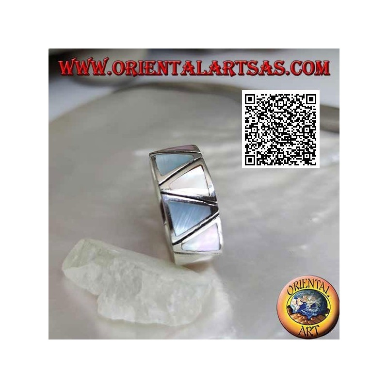 Silver ring smooth band with triangular multicolor mother-of-pearl set flush