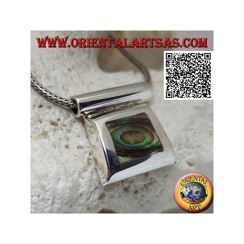 Colgante de plata con concha de paua (abulón) sobre marco de alambre liso y gancho tubular