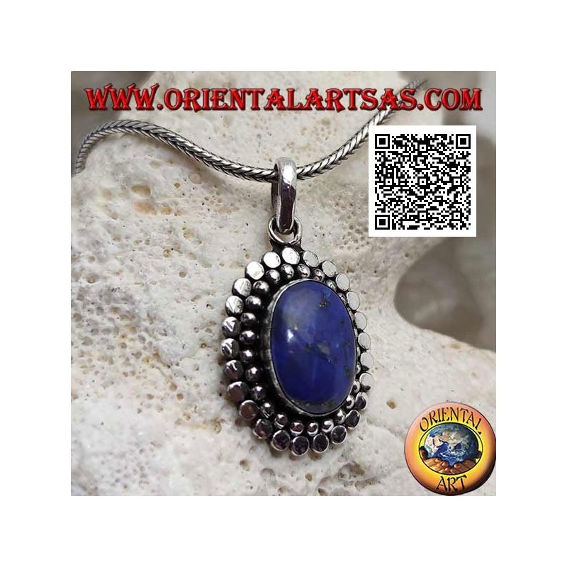 Silver pendant with oval lapis lazuli surrounded by balls and discs