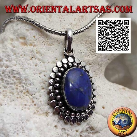 Silver pendant with oval lapis lazuli surrounded by balls and discs