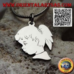 Colgante de plata en forma de perfil de niña con una cola grabada en ambos lados