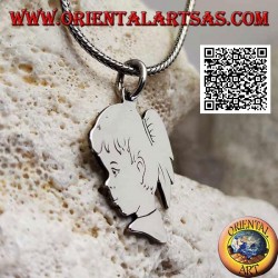 Colgante de plata en forma de perfil de niña con una cola grabada en ambos lados