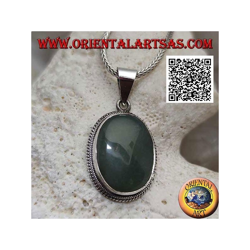 Silver pendant with oval aventurine surrounded by interweaving