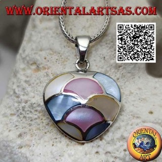 Silver pendant in the shape of a heart with multicolor mother-of-pearl mosaic of semicircles