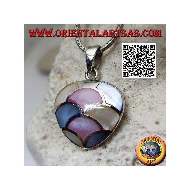 Silver pendant in the shape of a heart with multicolor mother-of-pearl mosaic of semicircles