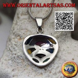 Silver pendant in the shape of a heart with multicolor mother-of-pearl mosaic of semicircles