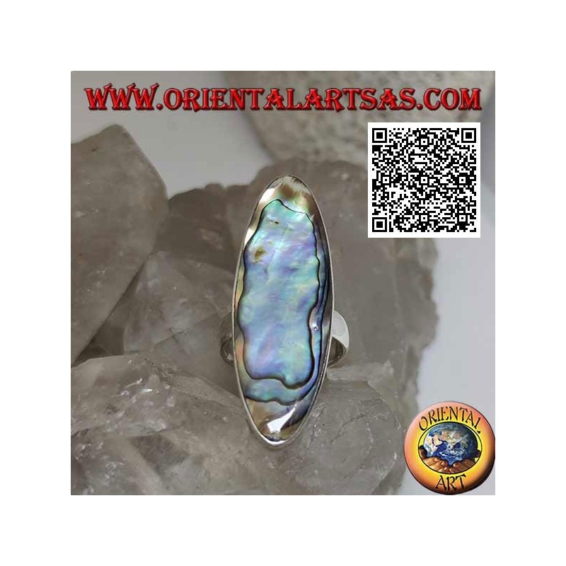 Silver ring with an elongated oval paua shell (abalone) set with a smooth edge (16)