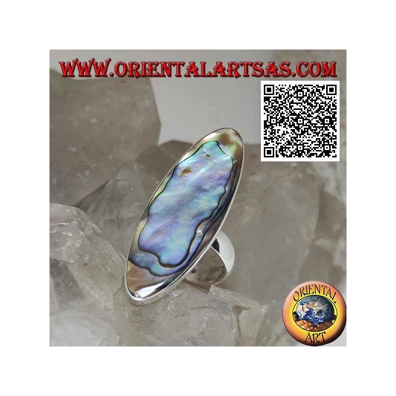 Bague en argent avec une coquille de paua ovale allongée (ormeau) sertie d'un bord lisse (16)