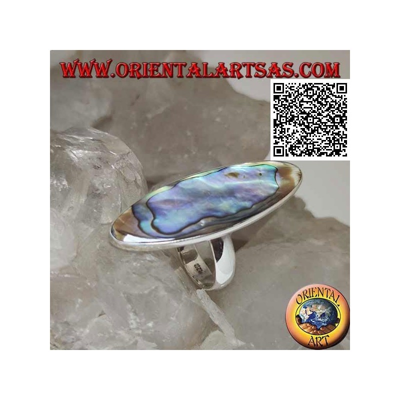 Bague en argent avec une coquille de paua ovale allongée (ormeau) sertie d'un bord lisse (16)