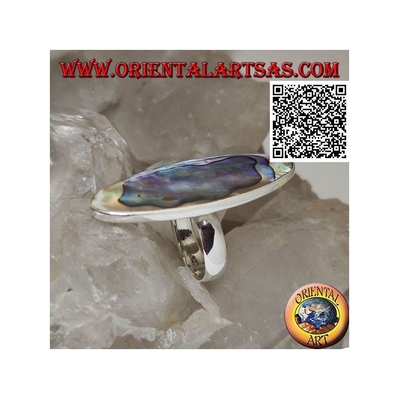Bague en argent avec une coquille de paua ovale allongée (ormeau) sertie d'un bord lisse (16)