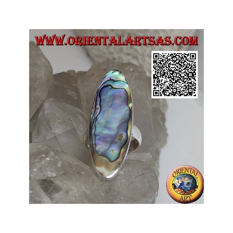Bague en argent avec une coquille de paua ovale allongée (ormeau) sertie d'un bord lisse (16)