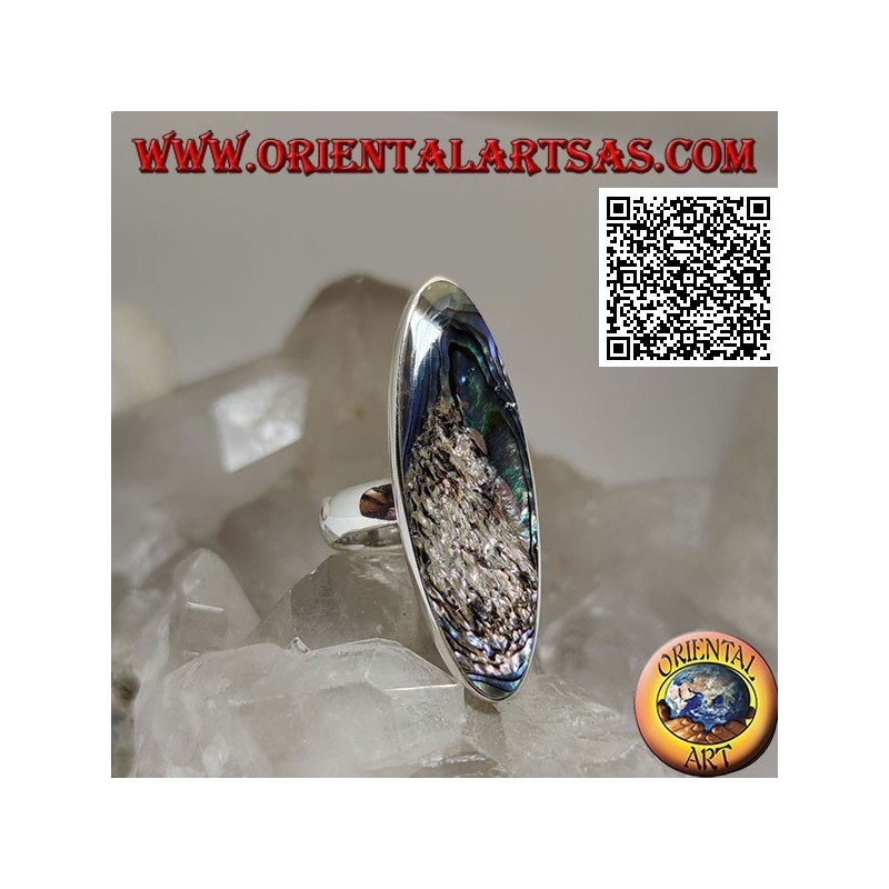 Silver ring with an elongated oval paua shell (abalone) set with a smooth edge (13)