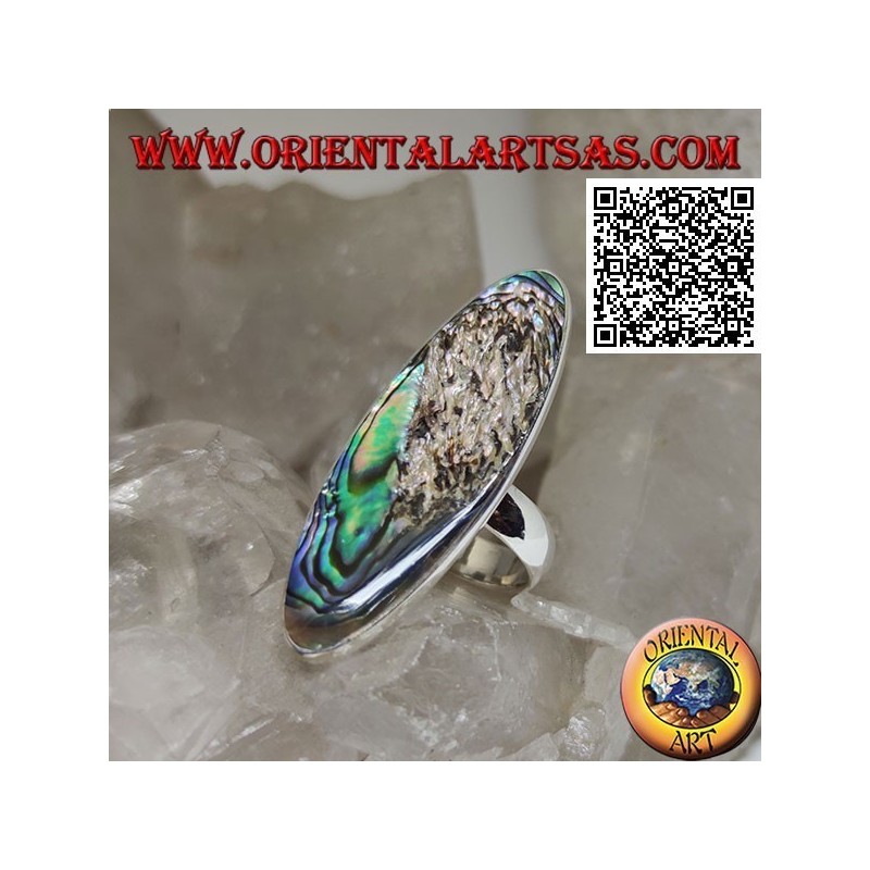 Anillo de plata con una concha de paua ovalada alargada (abulón) engastada con un borde liso (13)