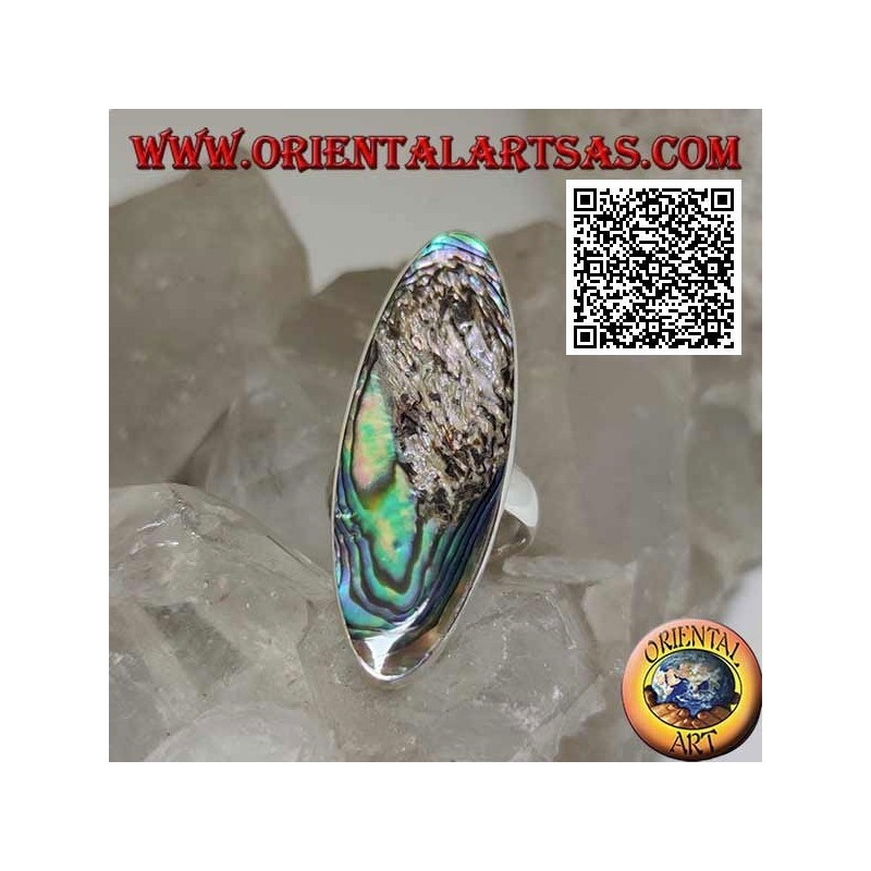 Silver ring with an elongated oval paua shell (abalone) set with a smooth edge (13)