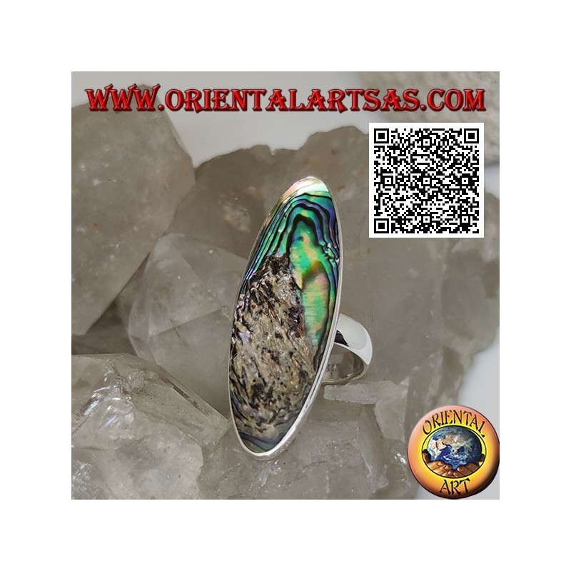 Silver ring with an elongated oval paua shell (abalone) set with a smooth edge (13)